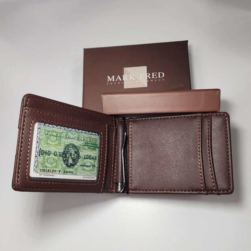 Mark Fred Men’s Bifold Wallet Brown Faux Leather With Metal Money Clip